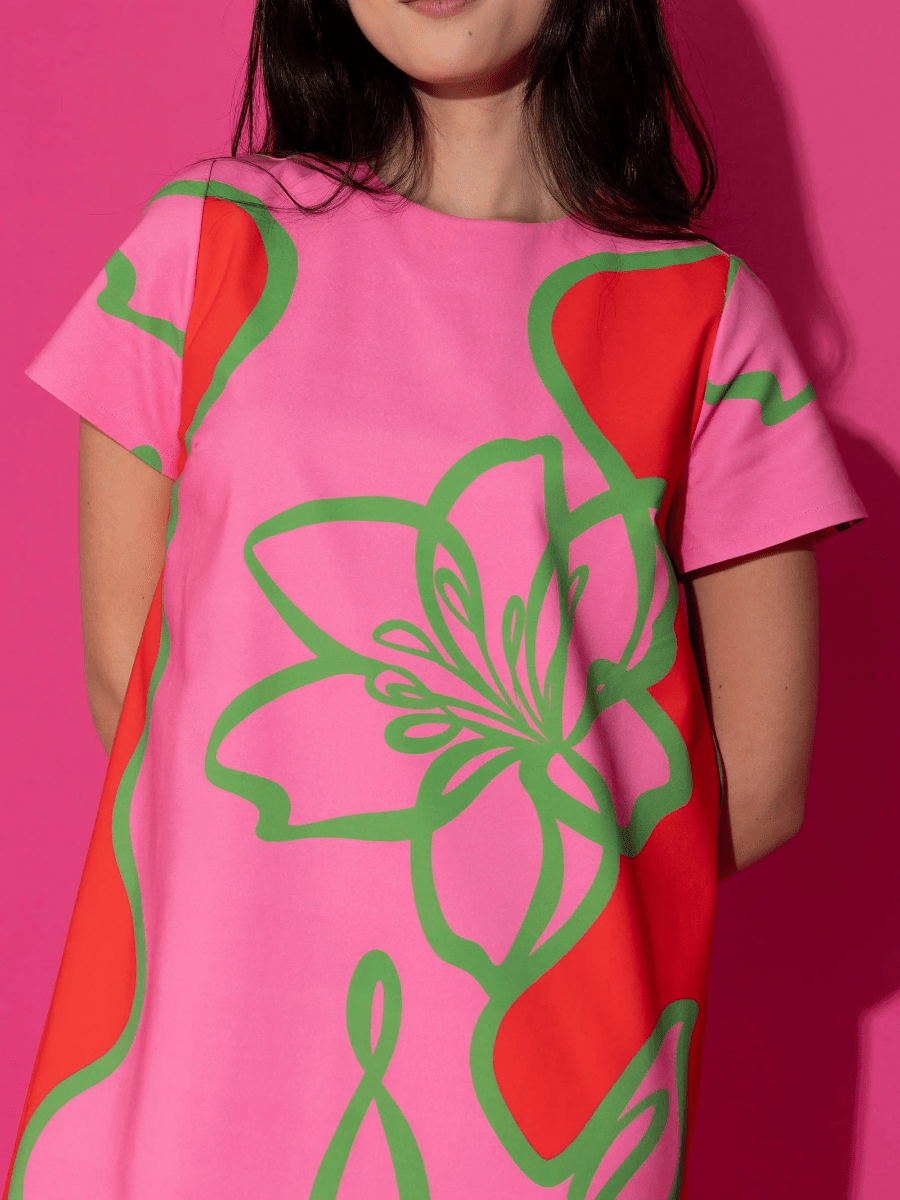 Women's Pink & Red Floral Print Colorblock Shift Midi Dress With Short Sleeves - allsose