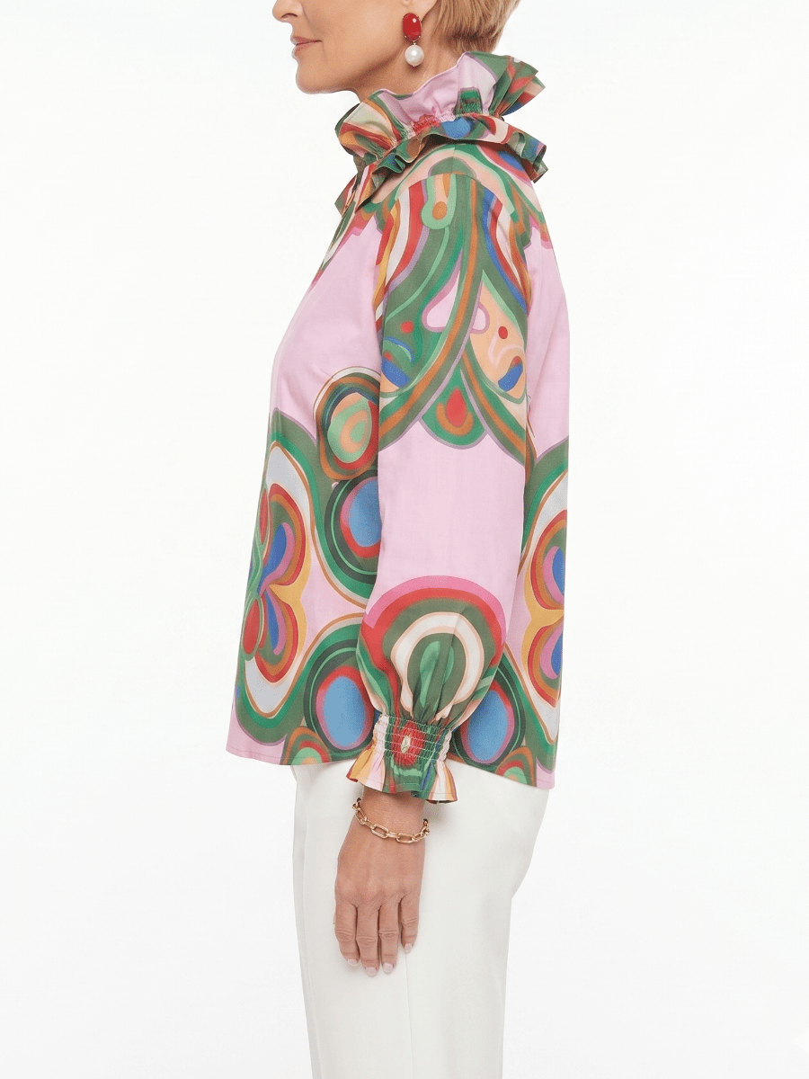 Women's Pink Retro Geometric Print Ruffle Collar Blouse - allsose