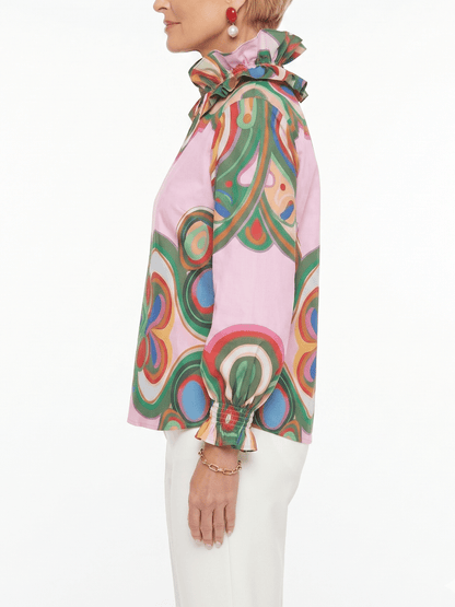Women's Pink Retro Geometric Print Ruffle Collar Blouse - allsose