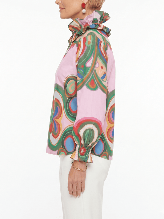 Women's Pink Retro Geometric Print Ruffle Collar Blouse - allsose