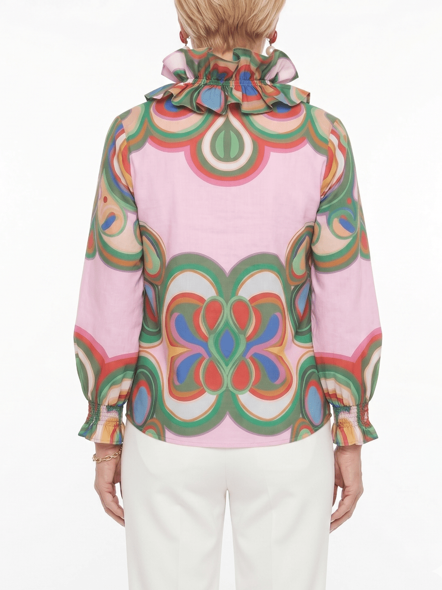 Women's Pink Retro Geometric Print Ruffle Collar Blouse - allsose