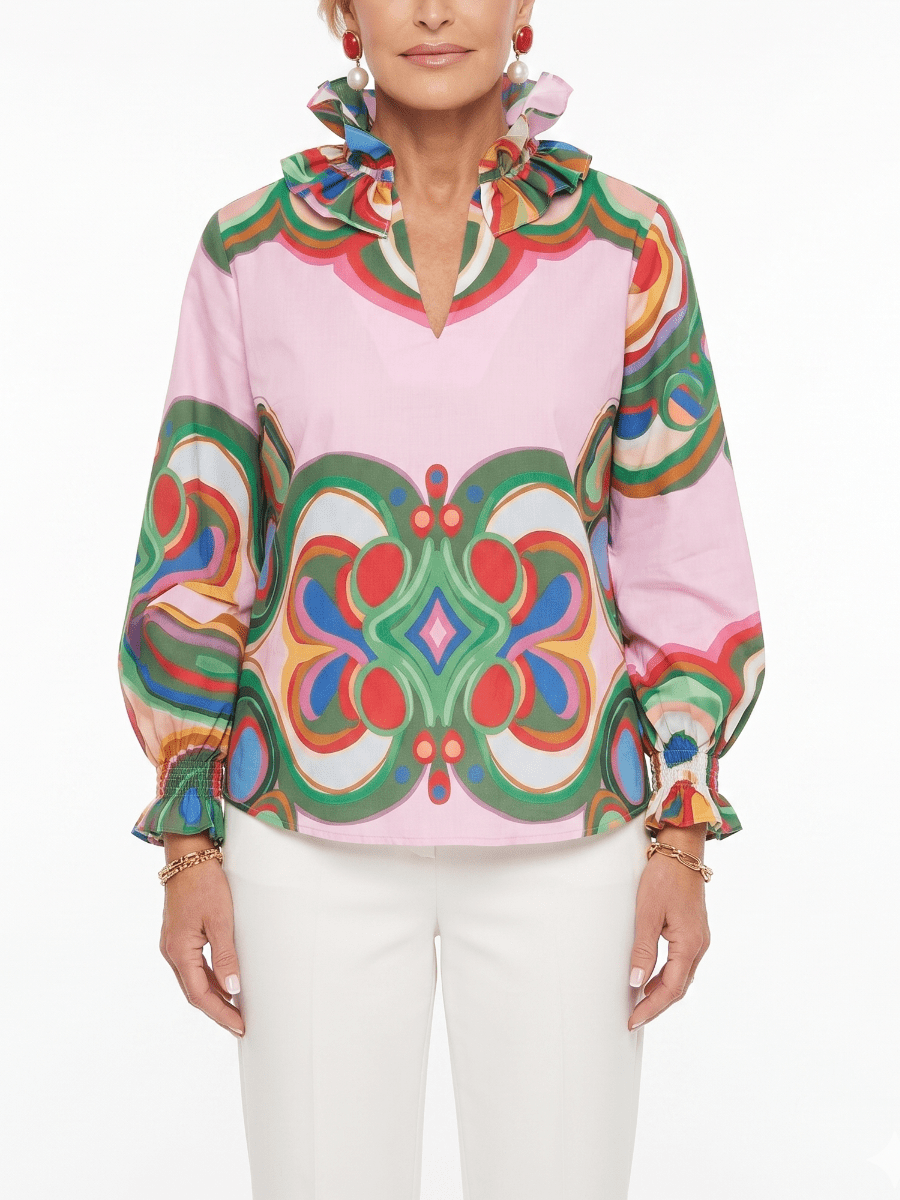 Women's Pink Retro Geometric Print Ruffle Collar Blouse - allsose
