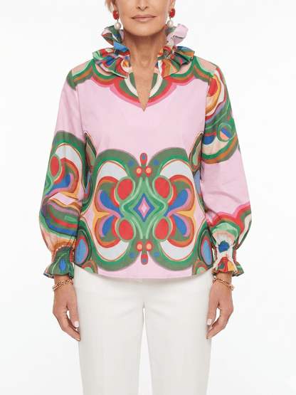 Women's Pink Retro Geometric Print Ruffle Collar Blouse - allsose