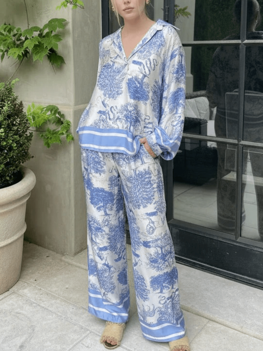 Women's Printed Satin 2 - Piece Loungewear Set: V - Neck Blouse & Wide Leg Pants - allsose