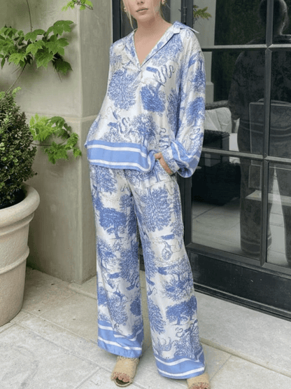 Women's Printed Satin 2 - Piece Loungewear Set: V - Neck Blouse & Wide Leg Pants - allsose