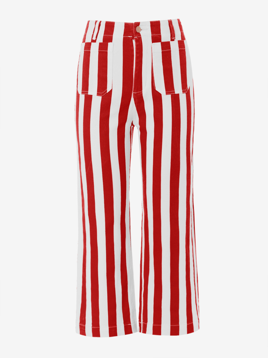 Women’s Red & White Vertical Striped High - Waisted Cropped Wide - Leg Pants - allsose