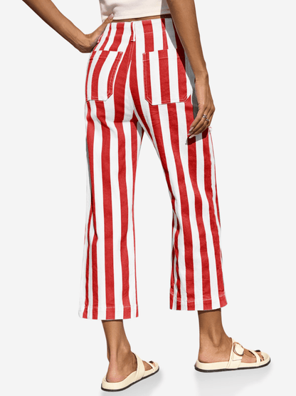 Women’s Red & White Vertical Striped High - Waisted Cropped Wide - Leg Pants - allsose