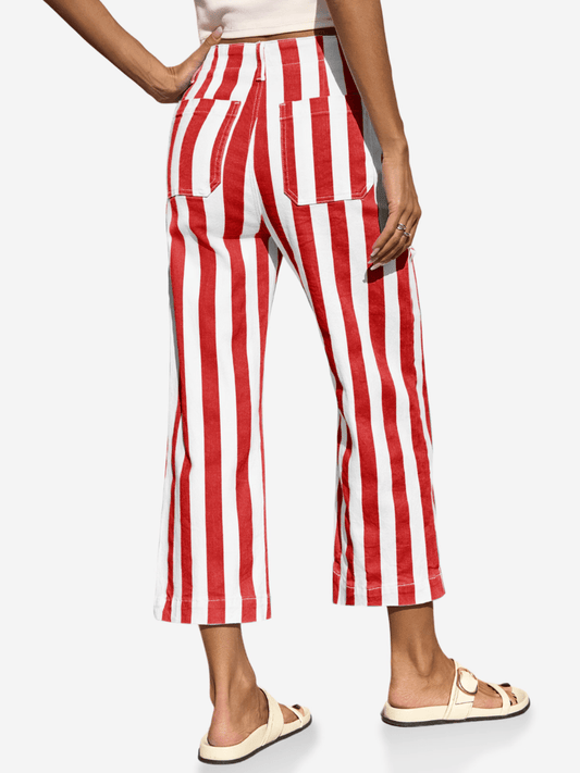 Women’s Red & White Vertical Striped High - Waisted Cropped Wide - Leg Pants - allsose