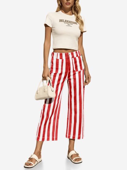 Women’s Red & White Vertical Striped High - Waisted Cropped Wide - Leg Pants - allsose