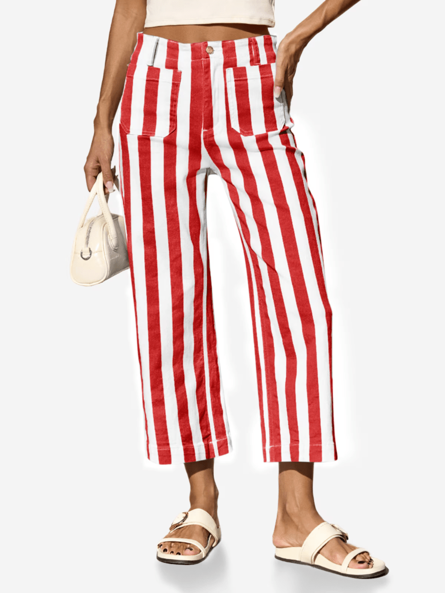 Women’s Red & White Vertical Striped High - Waisted Cropped Wide - Leg Pants - allsose