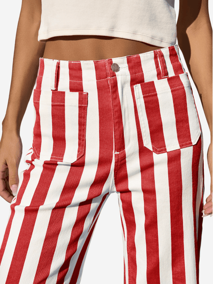Women’s Red & White Vertical Striped High - Waisted Cropped Wide - Leg Pants - allsose