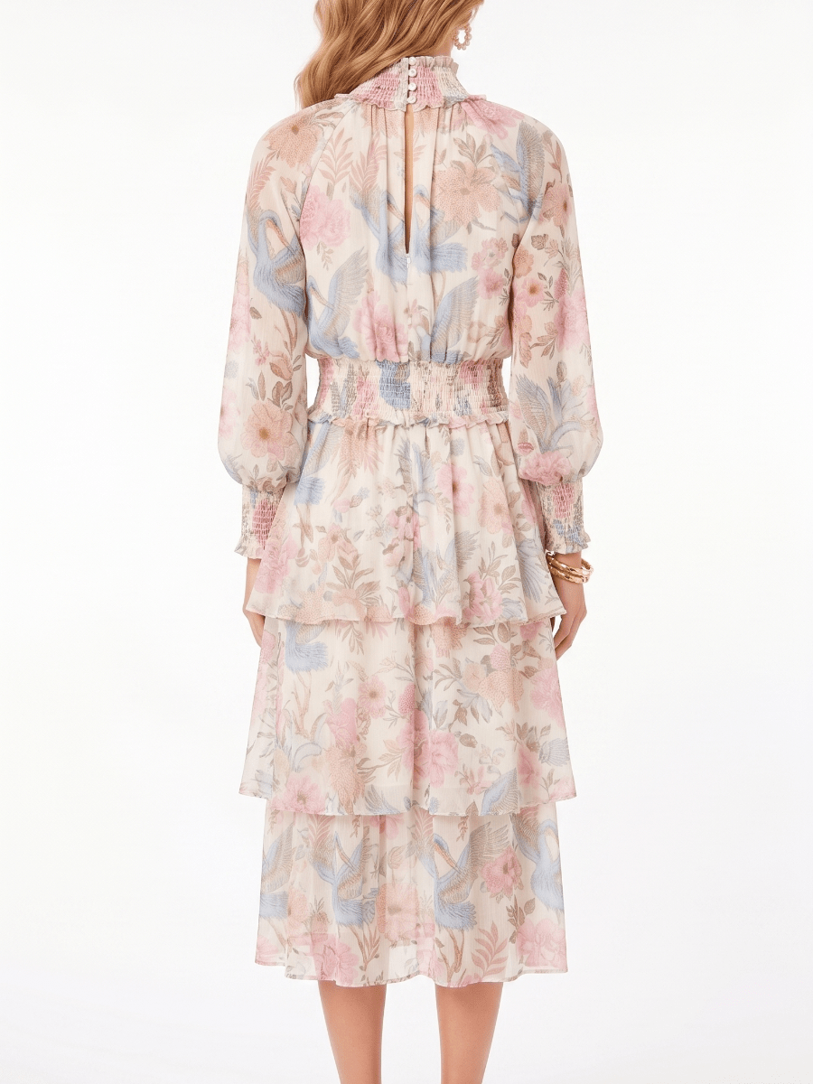 Women's Ruffle High Neck Long Sleeve Floral Heron Print Smocked Waist Tiered Midi Dress - Elegant Spring & Summer Occasion Wear - allsose