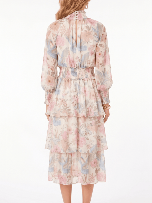 Women's Ruffle High Neck Long Sleeve Floral Heron Print Smocked Waist Tiered Midi Dress - Elegant Spring & Summer Occasion Wear - allsose