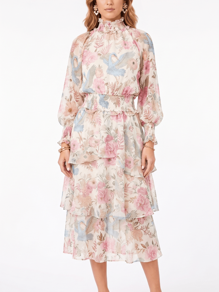 Women's Ruffle High Neck Long Sleeve Floral Heron Print Smocked Waist Tiered Midi Dress - Elegant Spring & Summer Occasion Wear - allsose