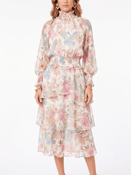 Women's Ruffle High Neck Long Sleeve Floral Heron Print Smocked Waist Tiered Midi Dress - Elegant Spring & Summer Occasion Wear - allsose