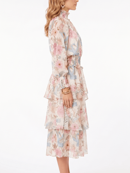 Women's Ruffle High Neck Long Sleeve Floral Heron Print Smocked Waist Tiered Midi Dress - Elegant Spring & Summer Occasion Wear - allsose
