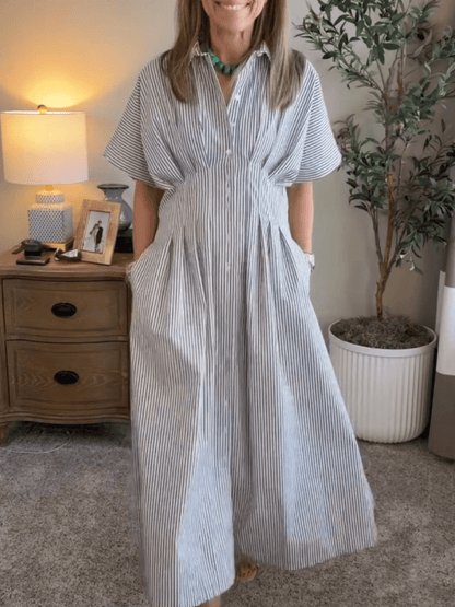 Women's Striped Button - Down Maxi Shirt Dress With Pockets - allsose
