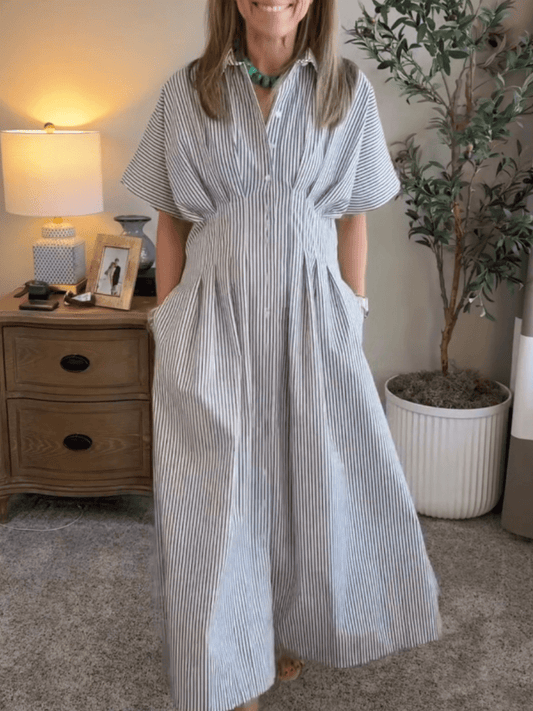 Women's Striped Button - Down Maxi Shirt Dress With Pockets - allsose