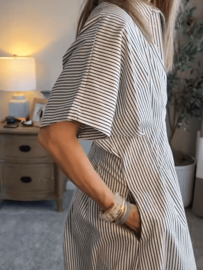 Women's Striped Button - Down Maxi Shirt Dress With Pockets - allsose