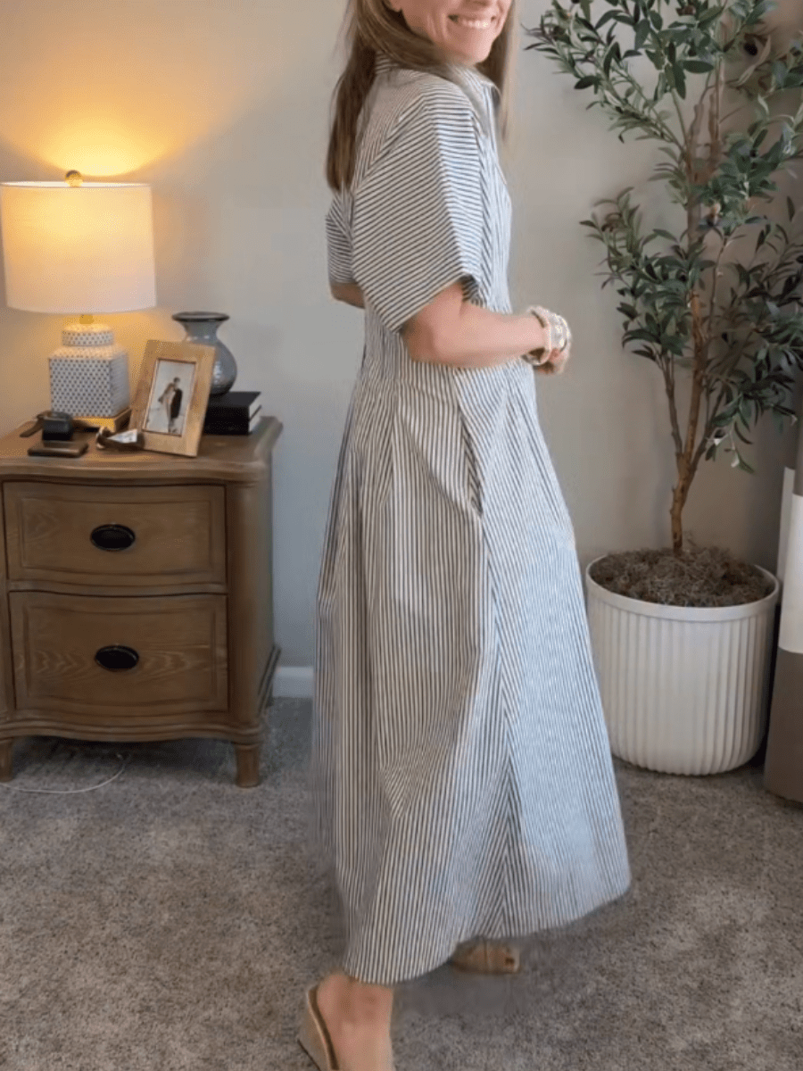 Women's Striped Button - Down Maxi Shirt Dress With Pockets - allsose