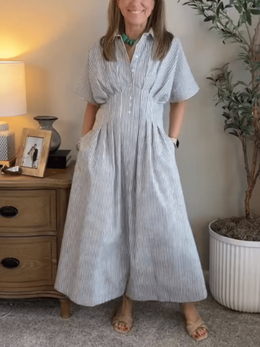 Women's Striped Button - Down Maxi Shirt Dress With Pockets - allsose