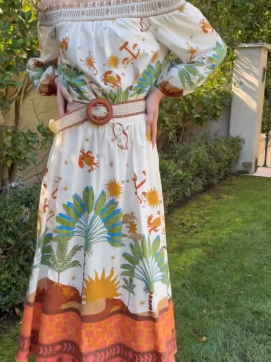 Women’s Tropical Print Off - the - Shoulder Midi Dress With Belt - allsose