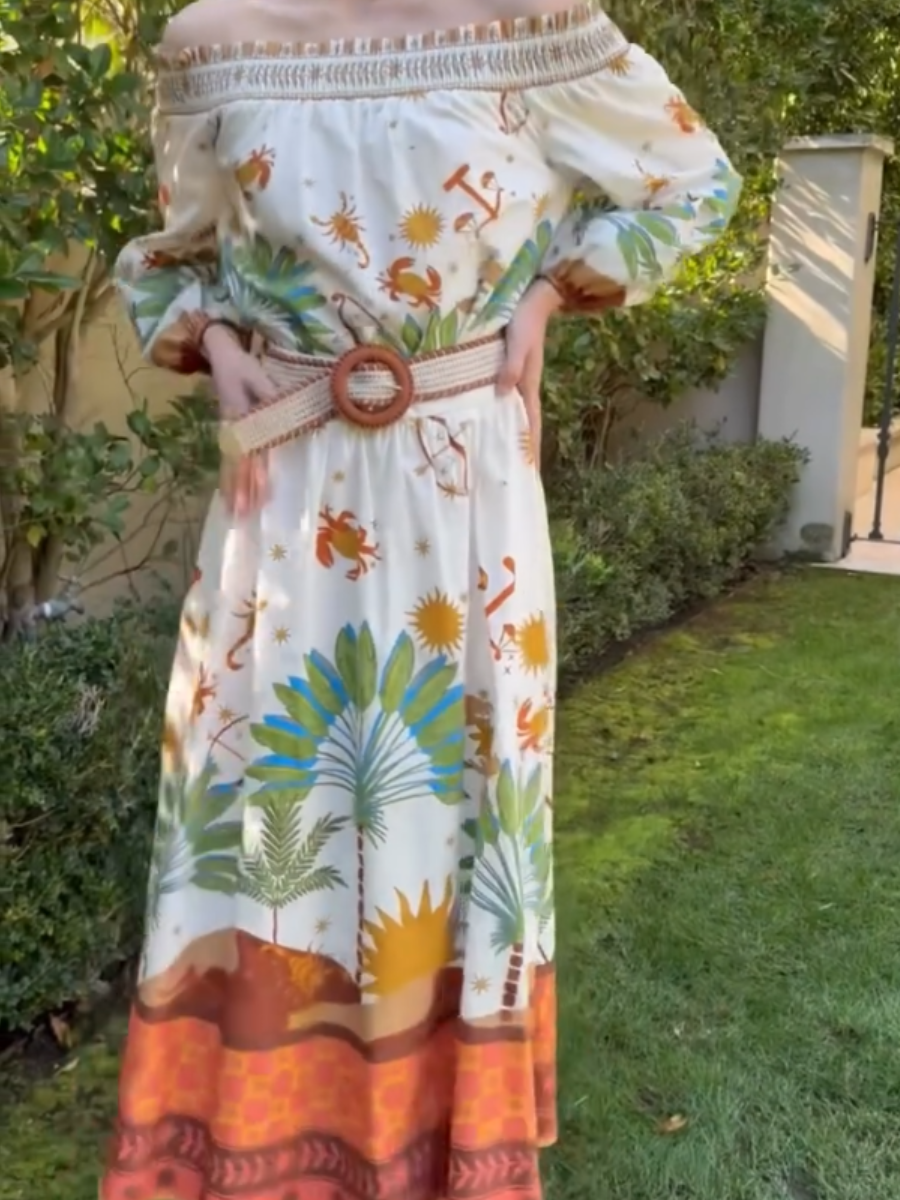 Women’s Tropical Print Off - the - Shoulder Midi Dress With Belt - allsose