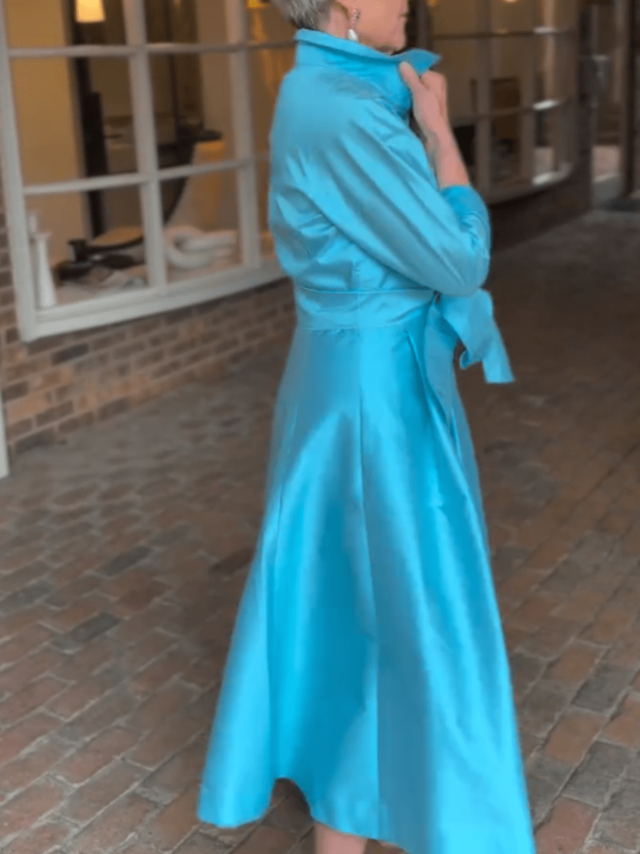 Women's Turquoise Satin Belted Shirt Midi Dress - allsose