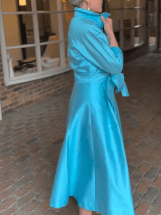 Women's Turquoise Satin Belted Shirt Midi Dress - allsose