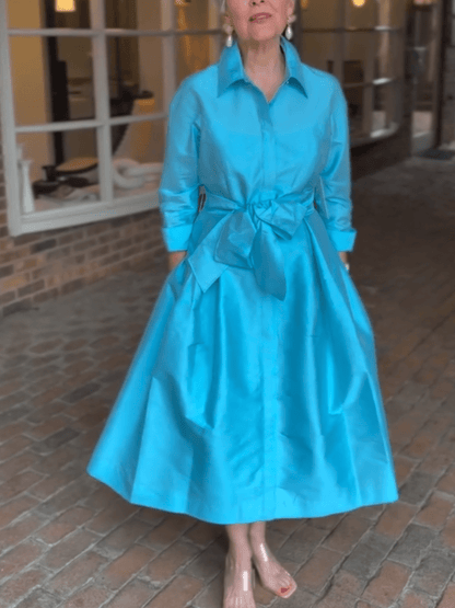 Women's Turquoise Satin Belted Shirt Midi Dress - allsose