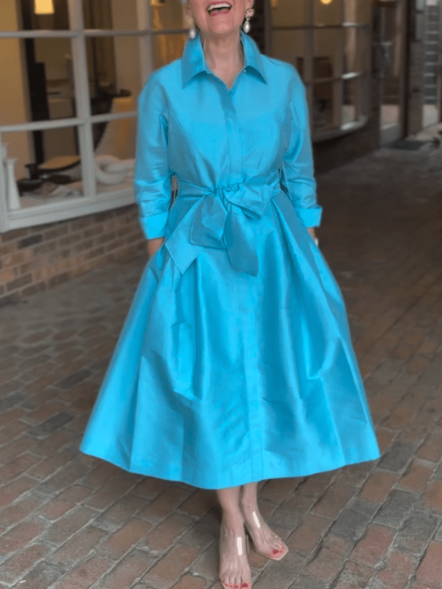 Women's Turquoise Satin Belted Shirt Midi Dress - allsose