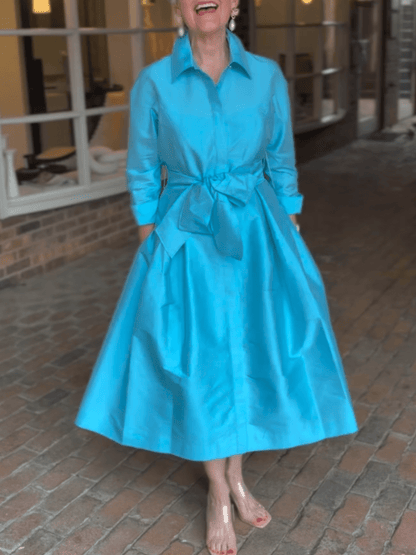 Women's Turquoise Satin Belted Shirt Midi Dress - allsose