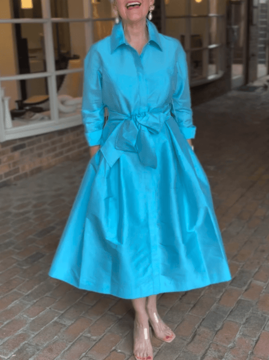 Women's Turquoise Satin Belted Shirt Midi Dress - allsose