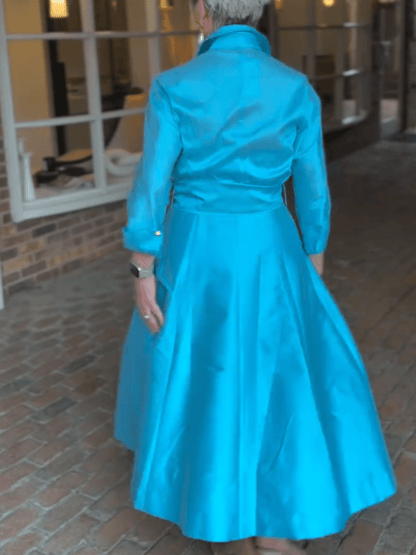 Women's Turquoise Satin Belted Shirt Midi Dress - allsose