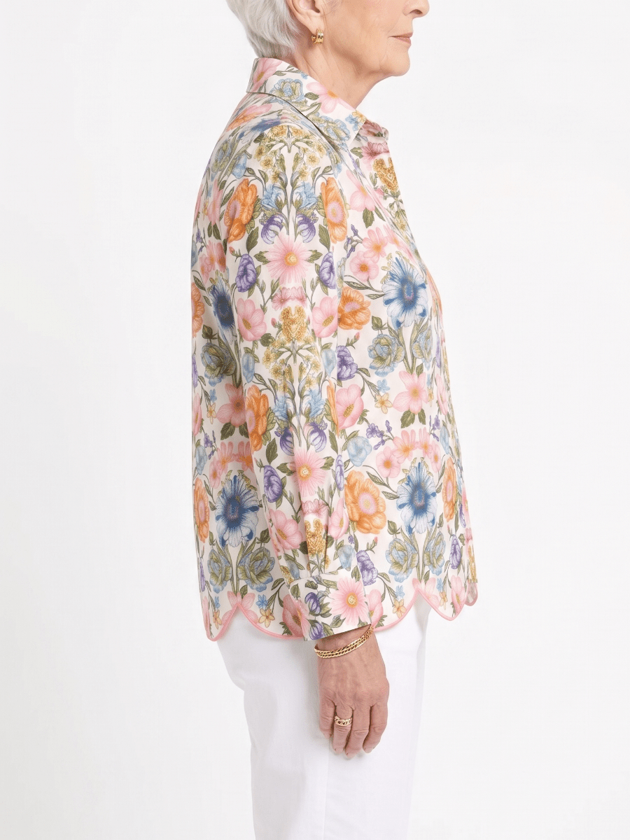 Women's Vibrant Floral Print Scalloped Hem Button - Down Shirt - allsose