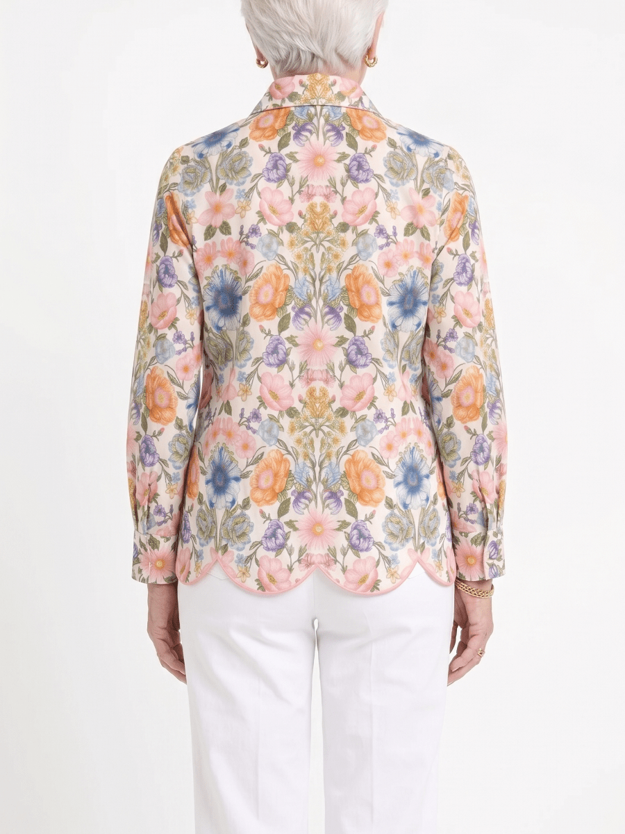 Women's Vibrant Floral Print Scalloped Hem Button - Down Shirt - allsose