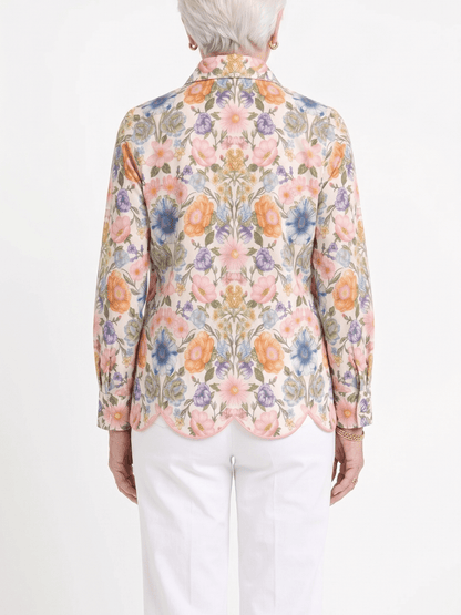 Women's Vibrant Floral Print Scalloped Hem Button - Down Shirt - allsose