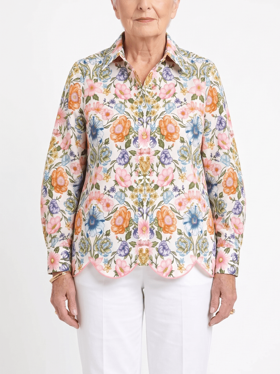 Women's Vibrant Floral Print Scalloped Hem Button - Down Shirt - allsose