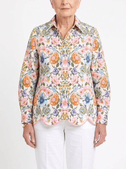 Women's Vibrant Floral Print Scalloped Hem Button - Down Shirt - allsose