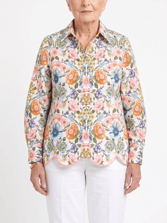 Women's Vibrant Floral Print Scalloped Hem Button - Down Shirt - allsose