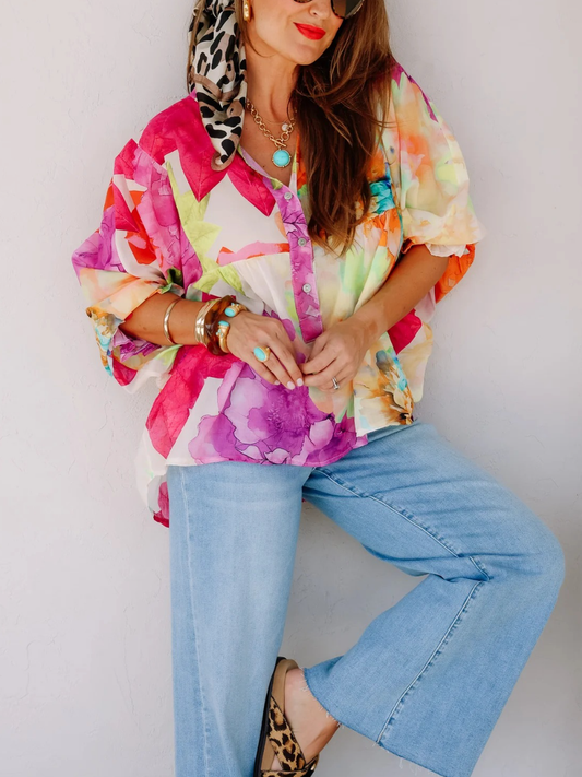 Women's Watercolor Floral Print Oversized Balloon Sleeve Blouse - allsose