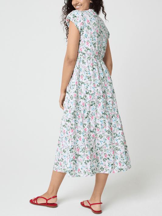 Women’s White Ditsy Floral Tiered Midi Dress With Ruffle Sleeves & Smocked Waist - allsose