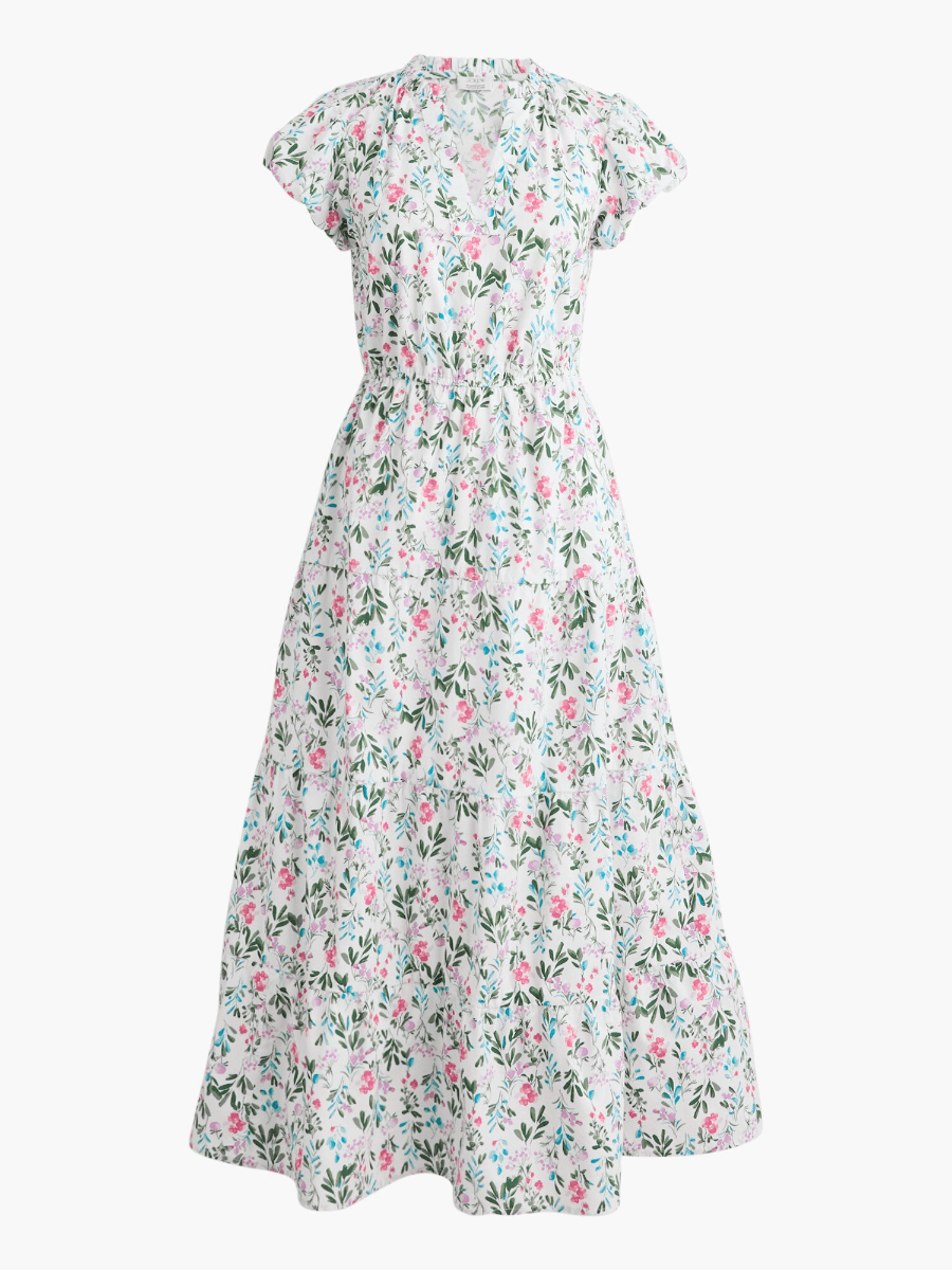Women’s White Ditsy Floral Tiered Midi Dress With Ruffle Sleeves & Smocked Waist - allsose