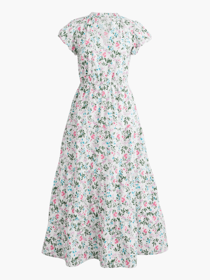 Women’s White Ditsy Floral Tiered Midi Dress With Ruffle Sleeves & Smocked Waist - allsose