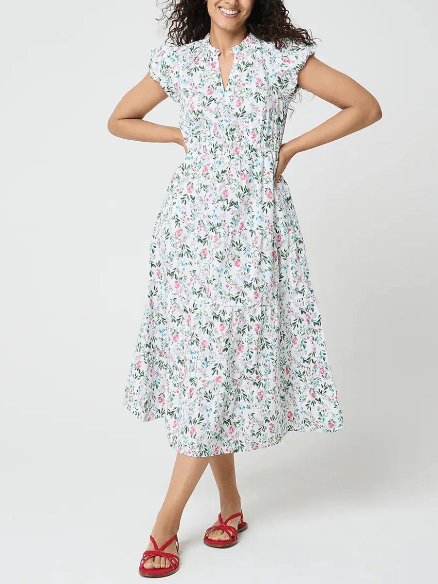 Women’s White Ditsy Floral Tiered Midi Dress With Ruffle Sleeves & Smocked Waist - allsose