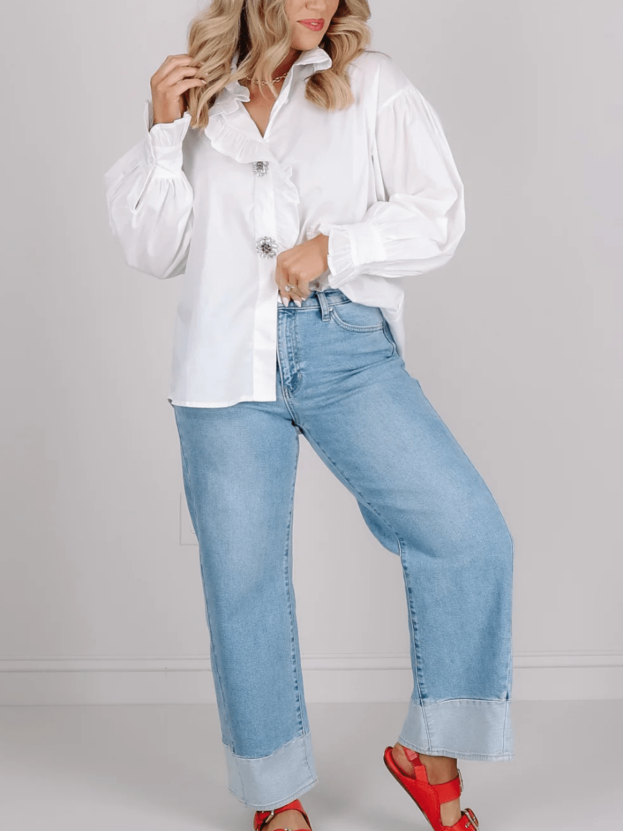 Women's White Ruffle Trim Rhinestone Button Puff Sleeve Blouse - allsose
