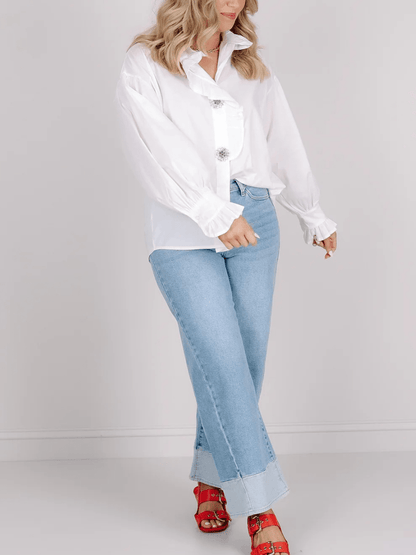 Women's White Ruffle Trim Rhinestone Button Puff Sleeve Blouse - allsose