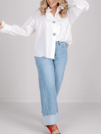 Women's White Ruffle Trim Rhinestone Button Puff Sleeve Blouse - allsose