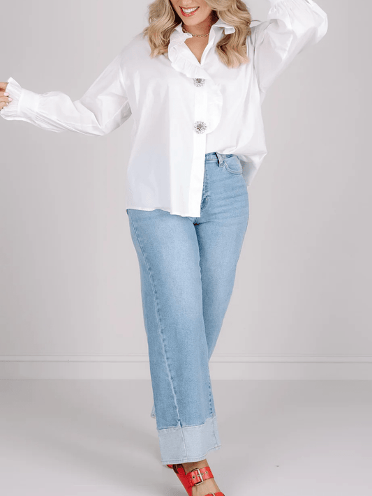 Women's White Ruffle Trim Rhinestone Button Puff Sleeve Blouse - allsose