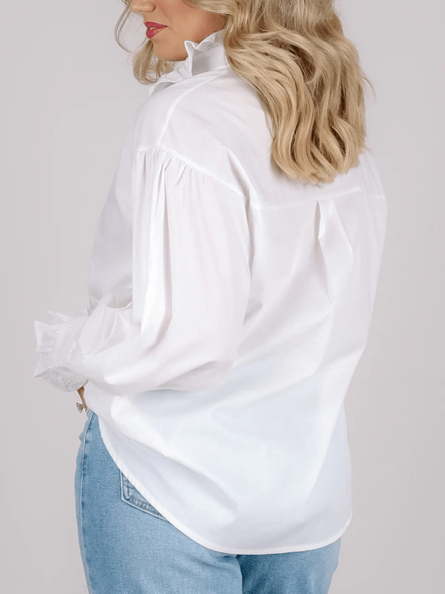 Women's White Ruffle Trim Rhinestone Button Puff Sleeve Blouse - allsose
